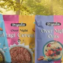 Healthy Breakfast Combo – Overnight Oats, Bajra, Ragi, and Jowar Cereal Mix Packs in a natural forest background