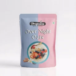 Overnight oats mix pack on white background – healthy oats and seeds breakfast mix