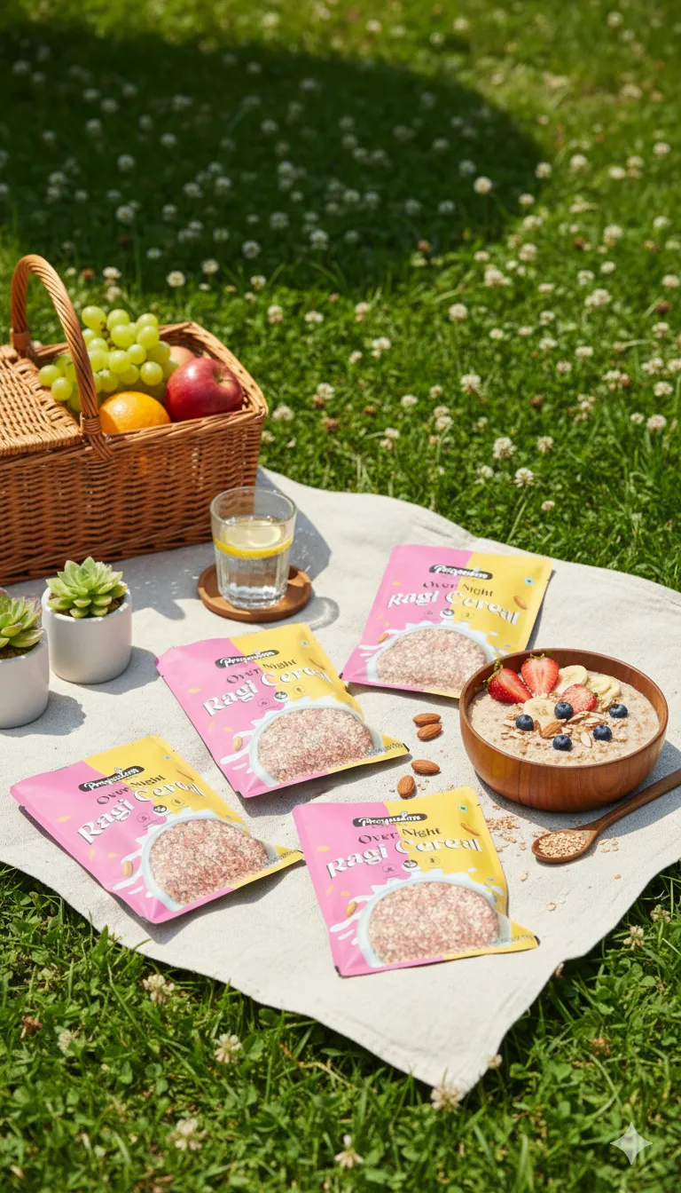 Bowl of overnight ragi cereal topped with fruits and nuts – creamy millet breakfast