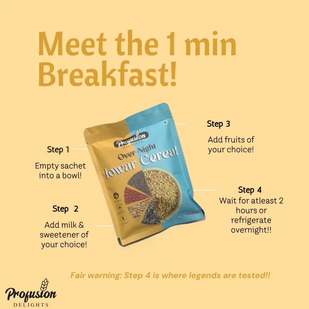 Step-by-step preparation of overnight jowar cereal – add milk, refrigerate, and serve chilled