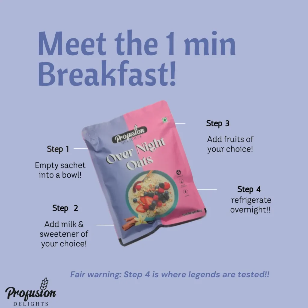 Step-by-step instructions to make overnight oats – add milk, refrigerate overnight, and enjoy