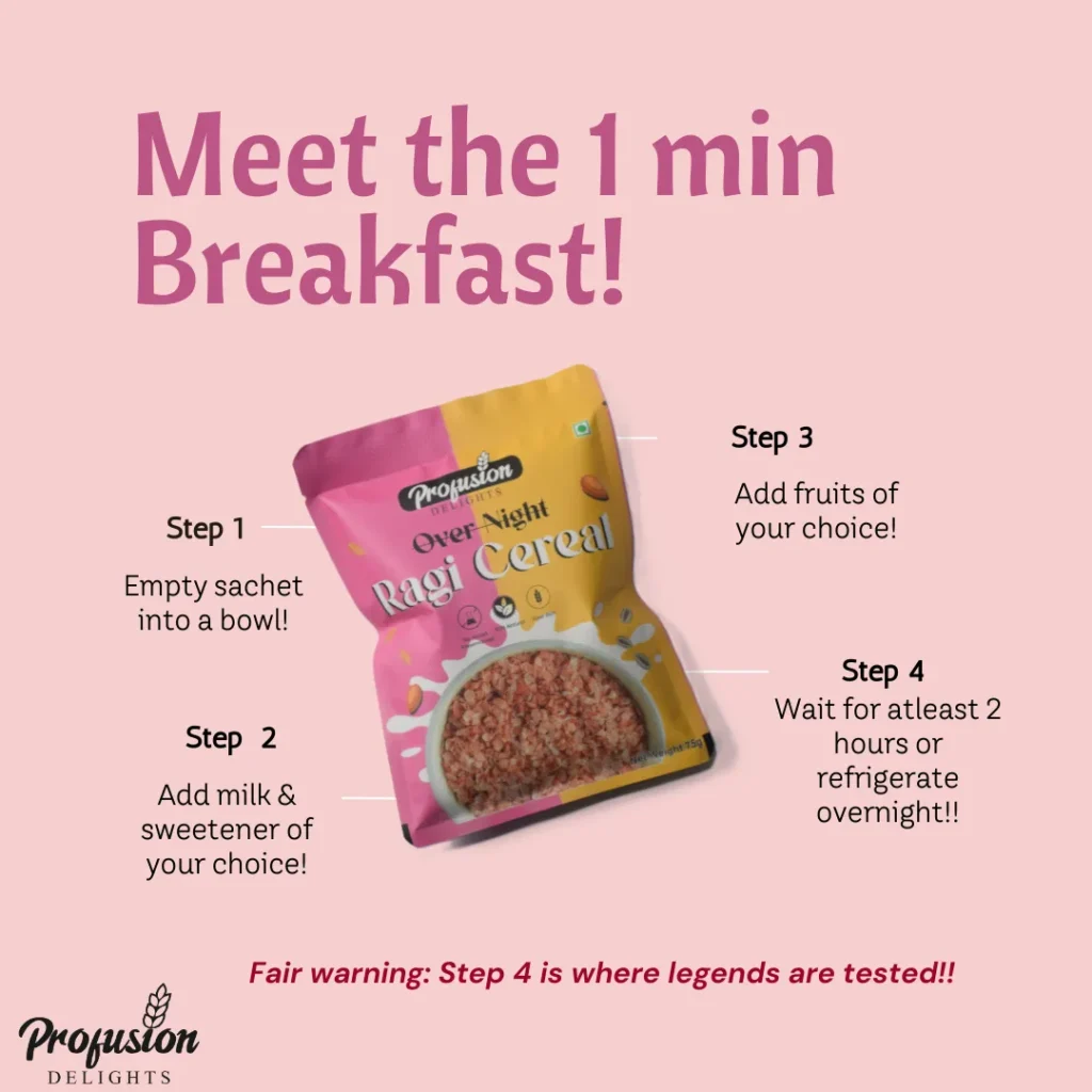 Step-by-step instructions for preparing overnight ragi cereal – add milk, refrigerate, enjoy